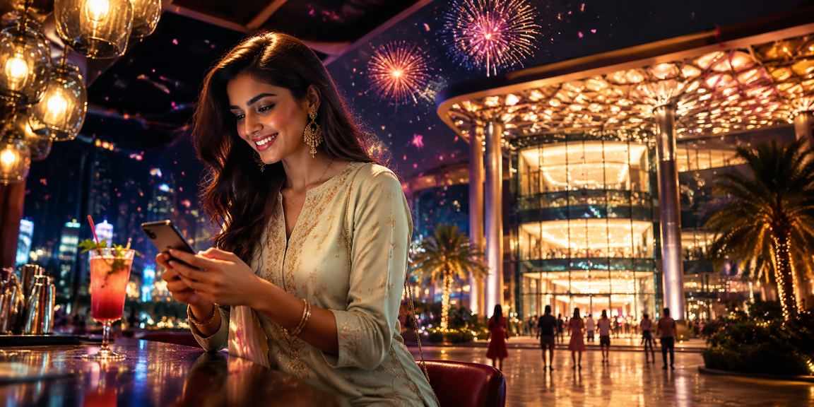 Indian young woman enjoying mobile casino on smartphone
