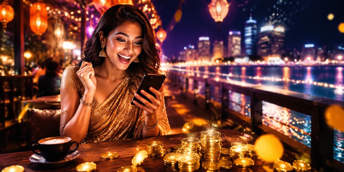 Happy Indian woman enjoying mobile casino with promotions